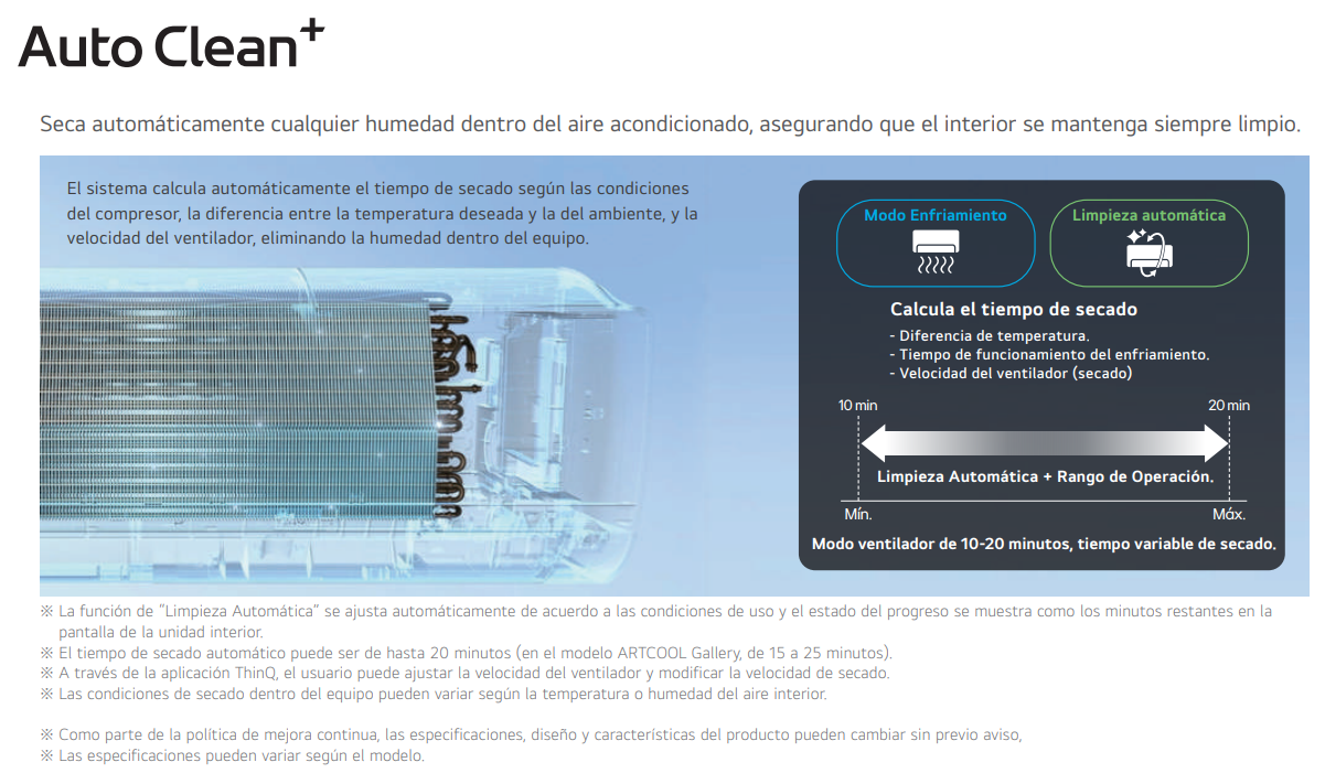 Tiempo de secado adaptado al uso real Auto Clean+ calcula automáticamente el tiempo necesario de secado teniendo en cuenta diferentes parámetros, como la diferencia entre la temperatura seleccionada y la temperatura ambiente, el tiempo de funcionamiento en refrigeración y la velocidad del ventilador. El ciclo puede durar aproximadamente entre 10 y 20 minutos, adaptándose a las condiciones reales de utilización. Esta gestión automática permite realizar un secado más ajustado que un ciclo fijo utilizado siempre durante el mismo tiempo.